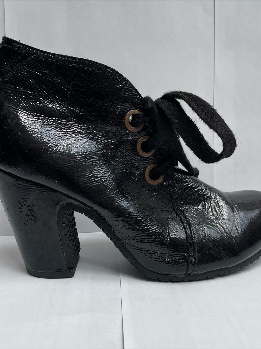 Fly London Black Patent Leather Lace Up High Heel Booties